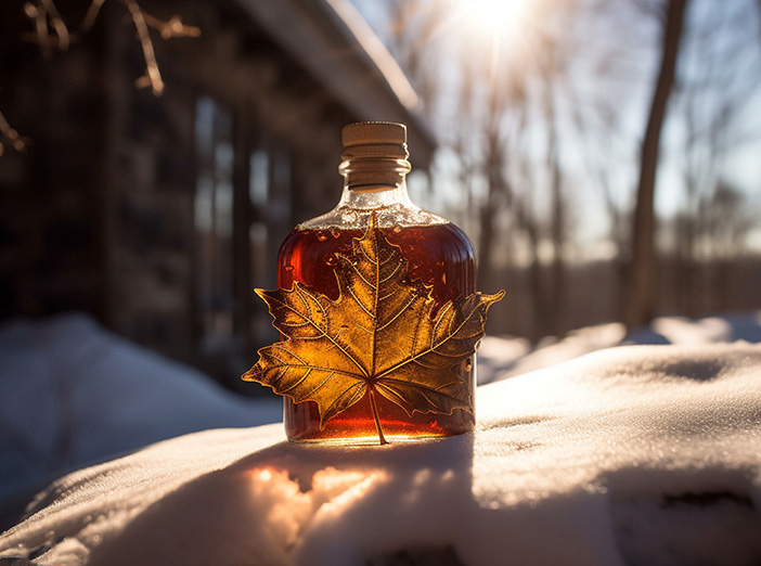 Maple leaf on a container of maple syrup, backlit by the sun