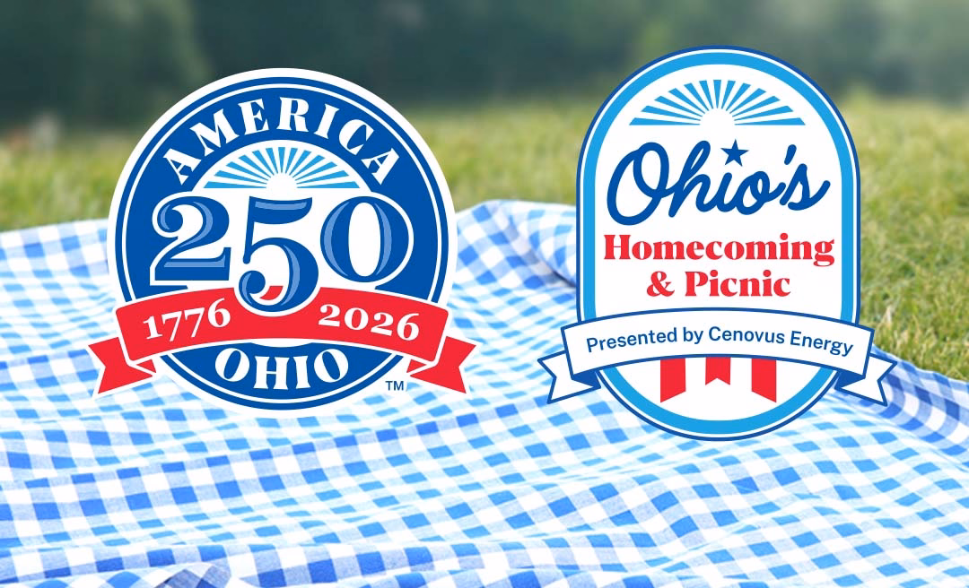 a blue and white checkered tablecloth with red and white logos