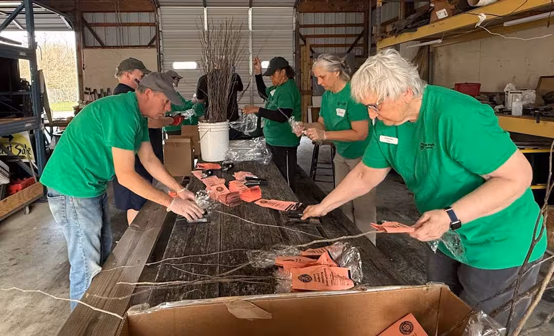 a group of people in green shirts