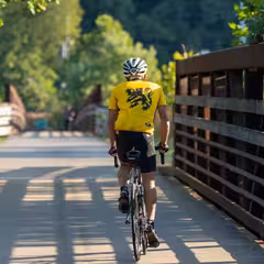 a man riding a bicycle on a bridge