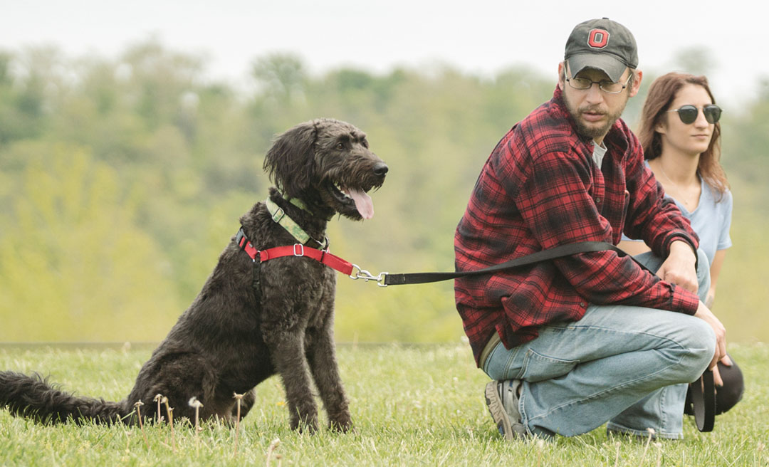 a man kneeling down with a dog on leash
